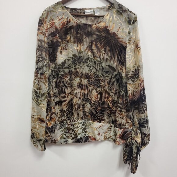 Chicos Womens Artsy Rayon Silk Burnout Top Size 2 L Brown Hawaiian Leaf Resort - Picture 1 of 12